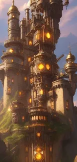 Fantasy tower with glowing windows in a mountain setting.