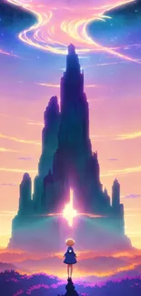 Fantasy tower silhouette at sunset with vibrant colors and mystical sky.