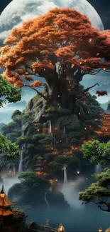 Fantasy landscape with a large tree under a full moon.