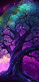 Vibrant fantasy tree against a starry purple sky.