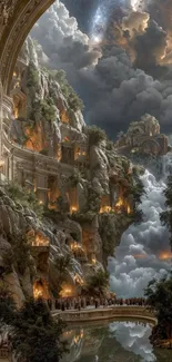 Majestic fantasy landscape with waterfalls and architecture.