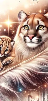 Artistic wallpaper of beautiful felines with feathers and lights.