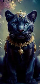 Majestic feline with jewelry in a mystical forest setting.