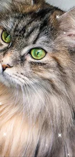 Majestic long-haired cat with green eyes on a phone wallpaper background.