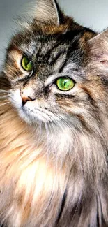 Majestic long-haired cat with green eyes, perfect for mobile wallpaper.