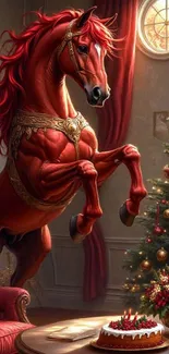 A majestic red horse near a Christmas tree and a cake in a festive room.