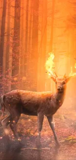 Deer with fiery antlers in a glowing forest setting.