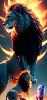 Majestic lion with fiery mane on a dark themed wallpaper.