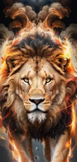 Mobile wallpaper of a majestic lion with a fiery orange mane.