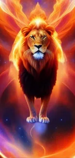 Fiery lion with majestic wings on a vibrant mobile wallpaper.