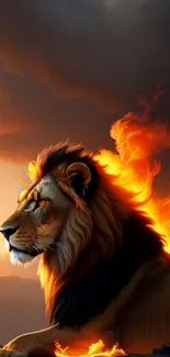 Majestic lion with fiery mane against dramatic sunset.