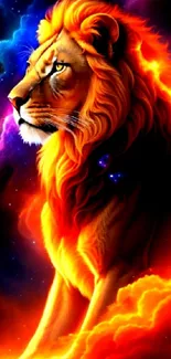 Fiery lion with cosmic backdrop, vibrant orange and blue hues.