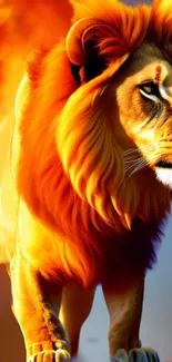 A majestic lion with fiery mane, vibrant orange hues, perfect for wallpaper.