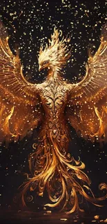 Fiery phoenix with bright flames and majestic wings on a dark background.