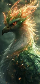 Majestic phoenix with fiery crest, vibrant green and orange feathers.