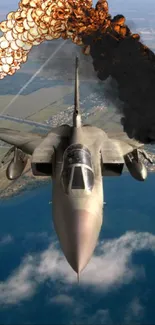 Fighter jet soaring over a scenic blue landscape with clouds.