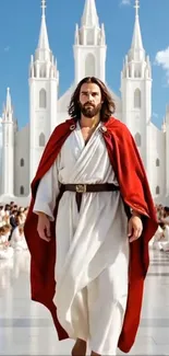 Majestic figure in red and white before a temple.