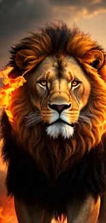 Majestic lion with fiery mane in vibrant flames background.