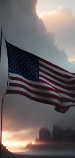 American flag waving against a stunning sunset backdrop.