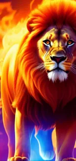 Vibrant artwork of a lion with a fiery mane set against a dramatic background.