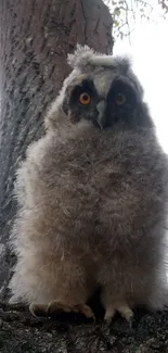 Fluffy owl sitting on tree branch with a natural background.