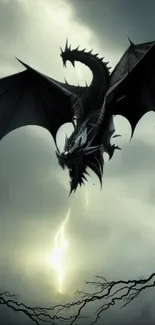 Dark dragon flying under a stormy sky with lightning.