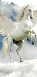 White unicorn with wings flying among clouds.