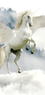 Majestic unicorn soaring through clouds and misty forest.