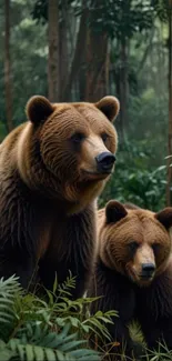 Two brown bears in a lush green forest scenery.