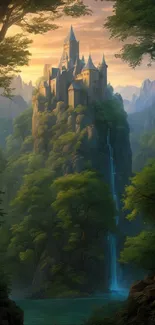 Majestic castle on lush forested mountain with waterfall at sunset.