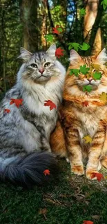 Two majestic cats sitting on forest ground in lush greenery.