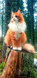 Fluffy orange cat on tree stump in a tranquil forest setting.