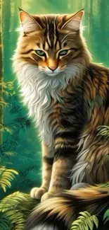 Majestic feline sitting in a lush green forest setting.