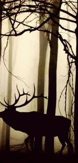 Deer silhouette in foggy forest with trees.