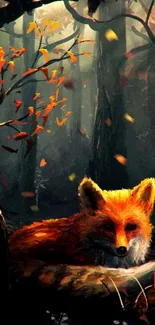 Serene fox resting in autumn forest.