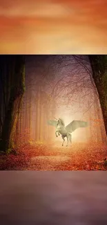 Pegasus flying in a mystical forest path with autumn colors.