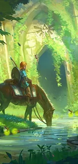 Fantasy forest wallpaper with horse and rider in lush green landscape.