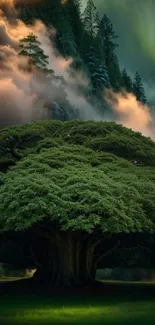 Majestic tree in a mystical forest under dramatic skies.