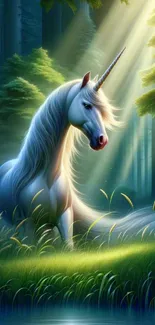 A white unicorn in a sunlit forest clearing.