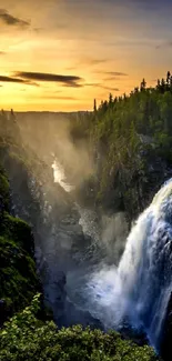 Peaceful waterfall flowing through a lush forest at sunset.