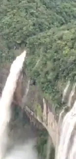 Majestic waterfall descending through lush green forest.