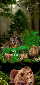 Animals like bears and lions in a lush green forest scene.