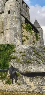 Medieval fortress with soaring dragon, lush greenery, and stone walls.