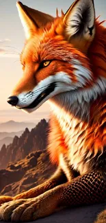 Majestic fox sitting in a serene mountain scene at dawn with vibrant orange hues.