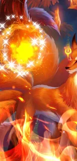 Fox surrounded by mystical flames in vibrant fantasy art.