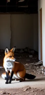 A fox sitting calmly in an abandoned building, surrounded by debris.