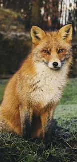 A striking red fox seated in a lush, autumn forest setting.