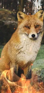 A majestic fox stands amid a fiery backdrop in the forest.