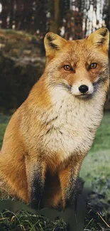 A majestic fox sitting in a peaceful forest landscape.