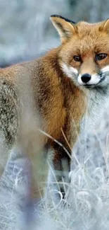 Majestic fox in a frosty forest scene, perfect for mobile wallpaper.